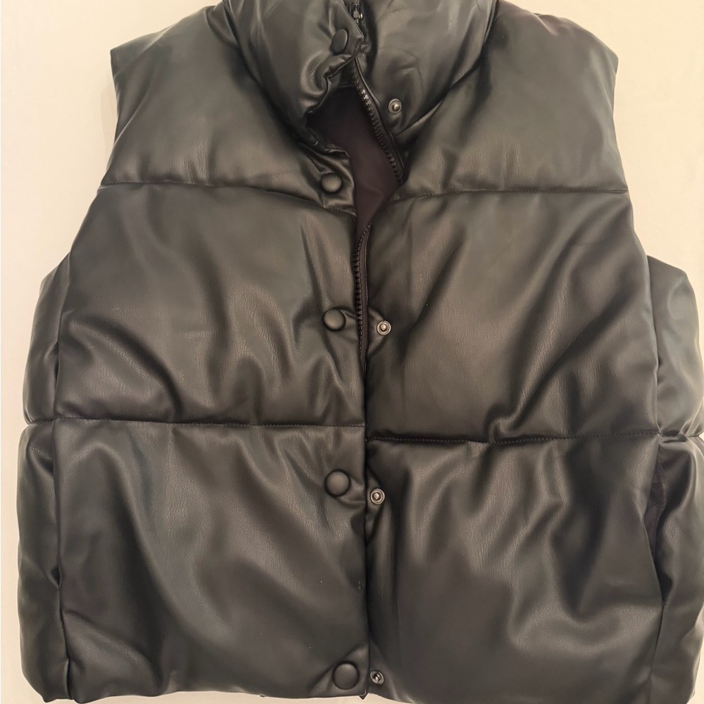 Zara Black Puffer Vest - Faux Leather Look